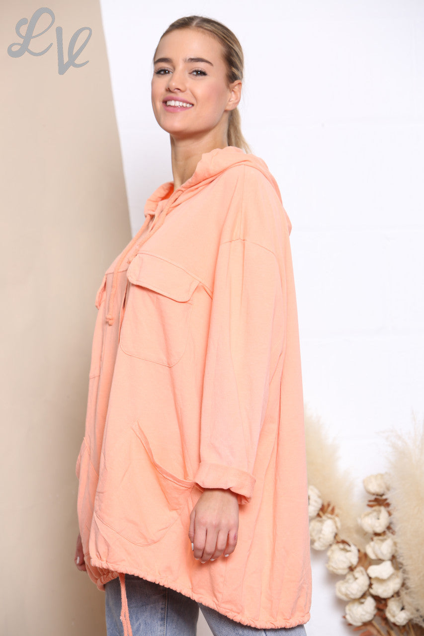 Ladies Hooded Button Front Jacket Top Coral