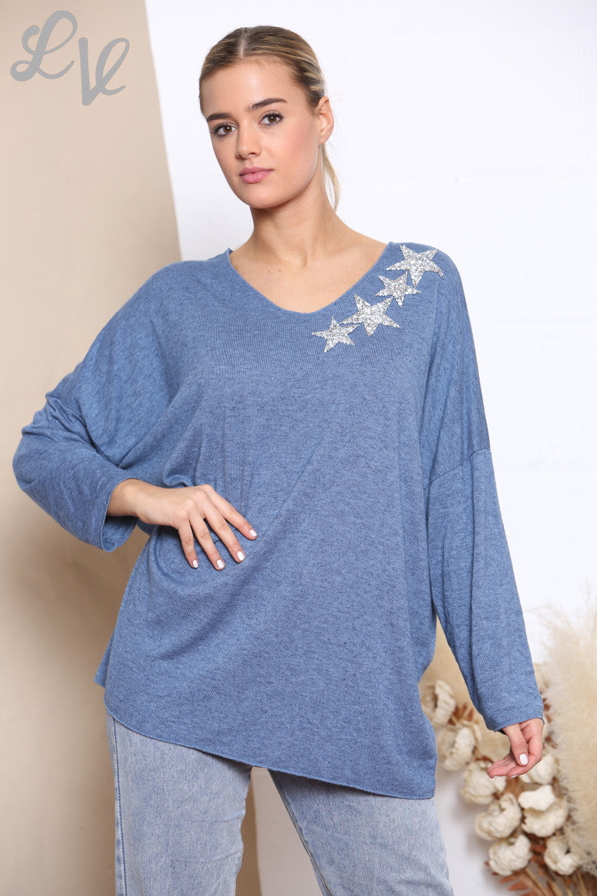 Ladies Sequin Star Shoulder Fine Knit Jumper Top Denim