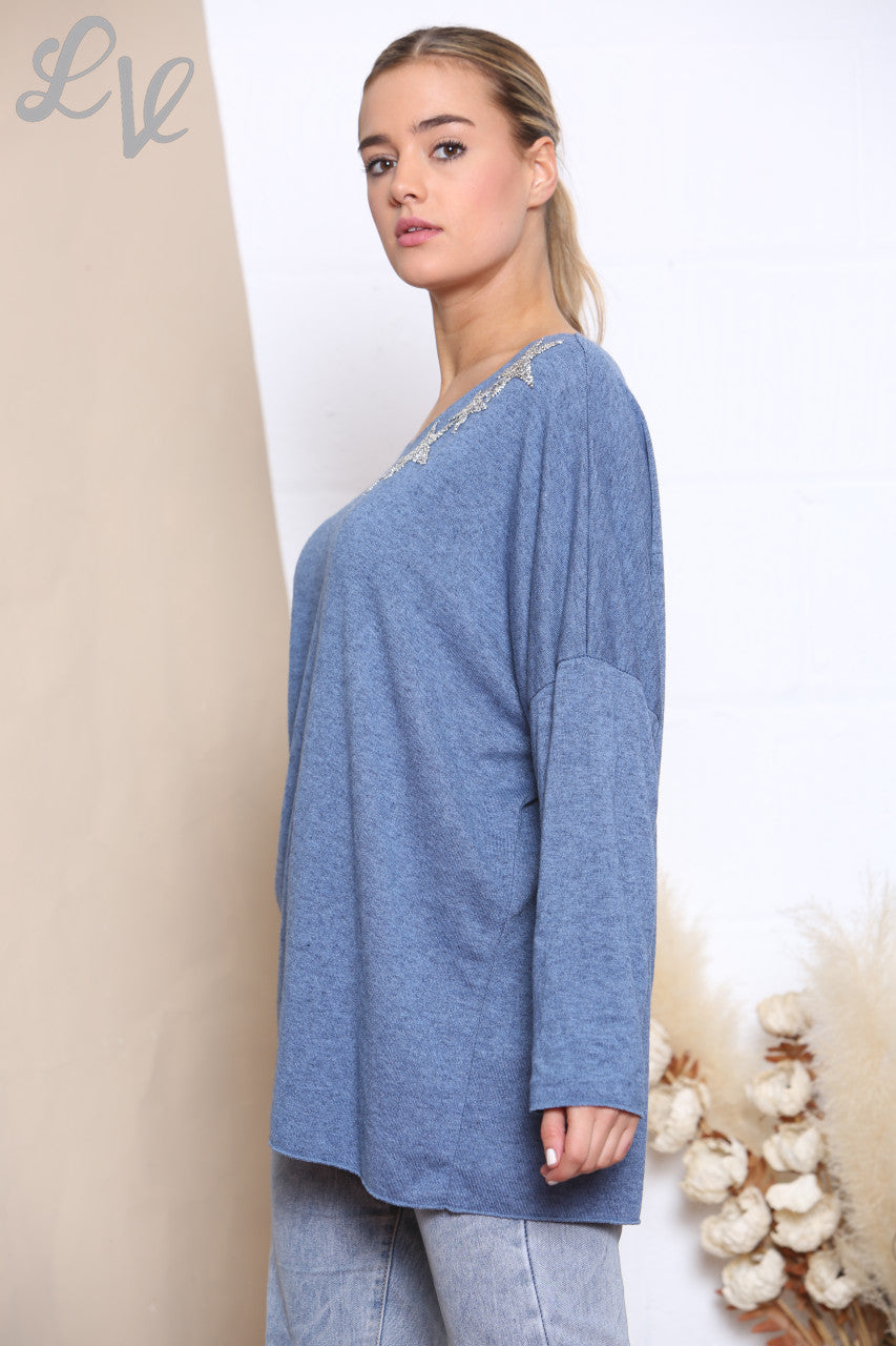 Ladies Sequin Star Shoulder Fine Knit Jumper Top Denim