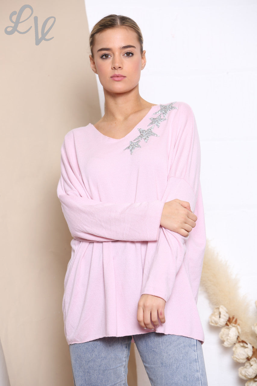 Ladies Sequin Star Shoulder Fine Knit Jumper Top Dusty Pink