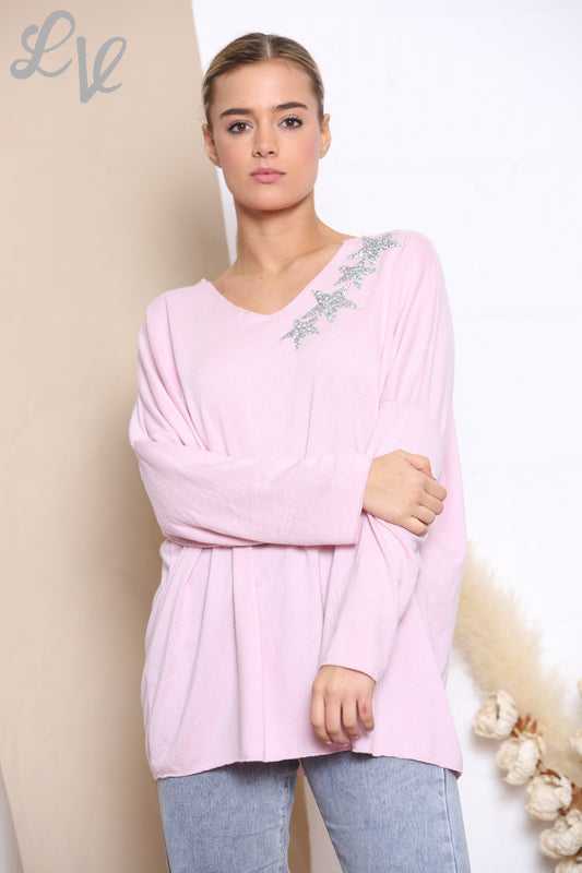 Dames Sequin Ster Schouder Fijne Gebreide Trui Top Oudroze