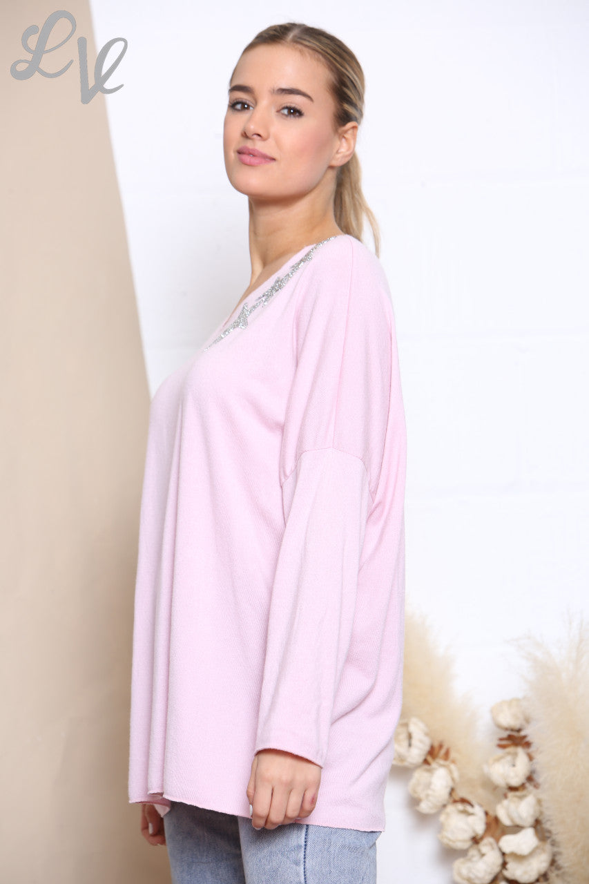 Ladies Sequin Star Shoulder Fine Knit Jumper Top Dusty Pink