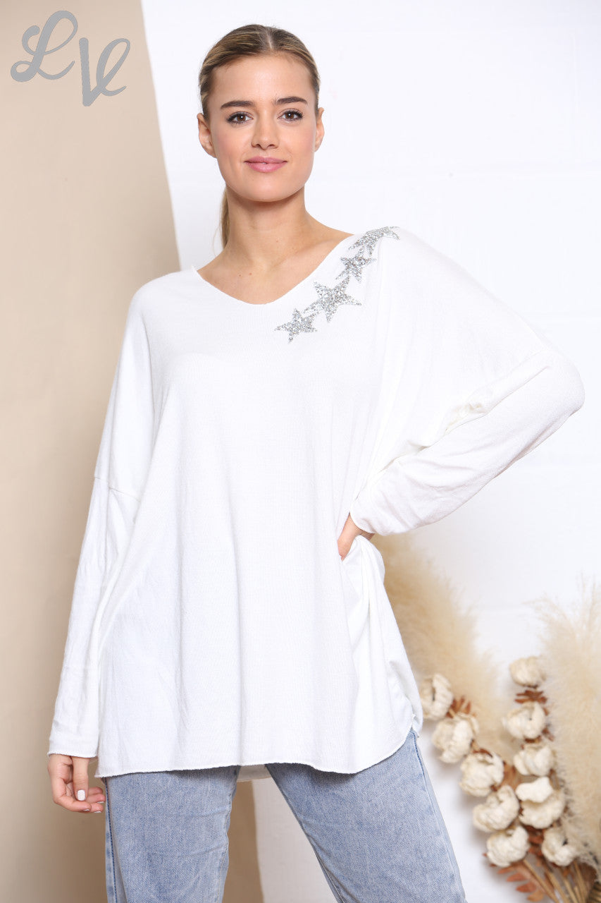 Dames Sequin Ster Schouder Fijne Gebreide Trui Top Wit