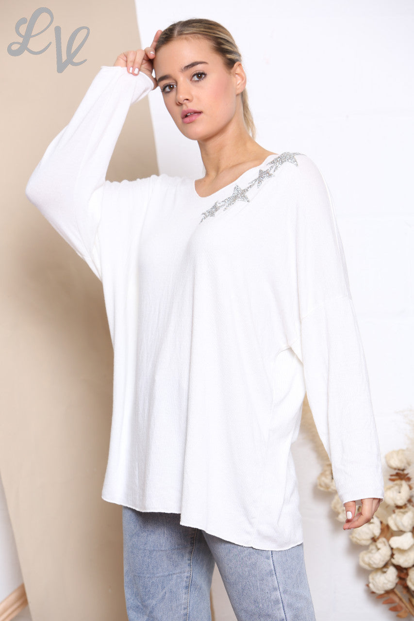 Dames Sequin Ster Schouder Fijne Gebreide Trui Top Wit