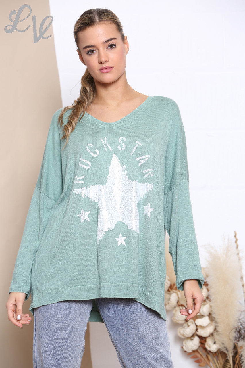 Dames Rockstar Graphic Fijne Gebreide Trui Top Mint