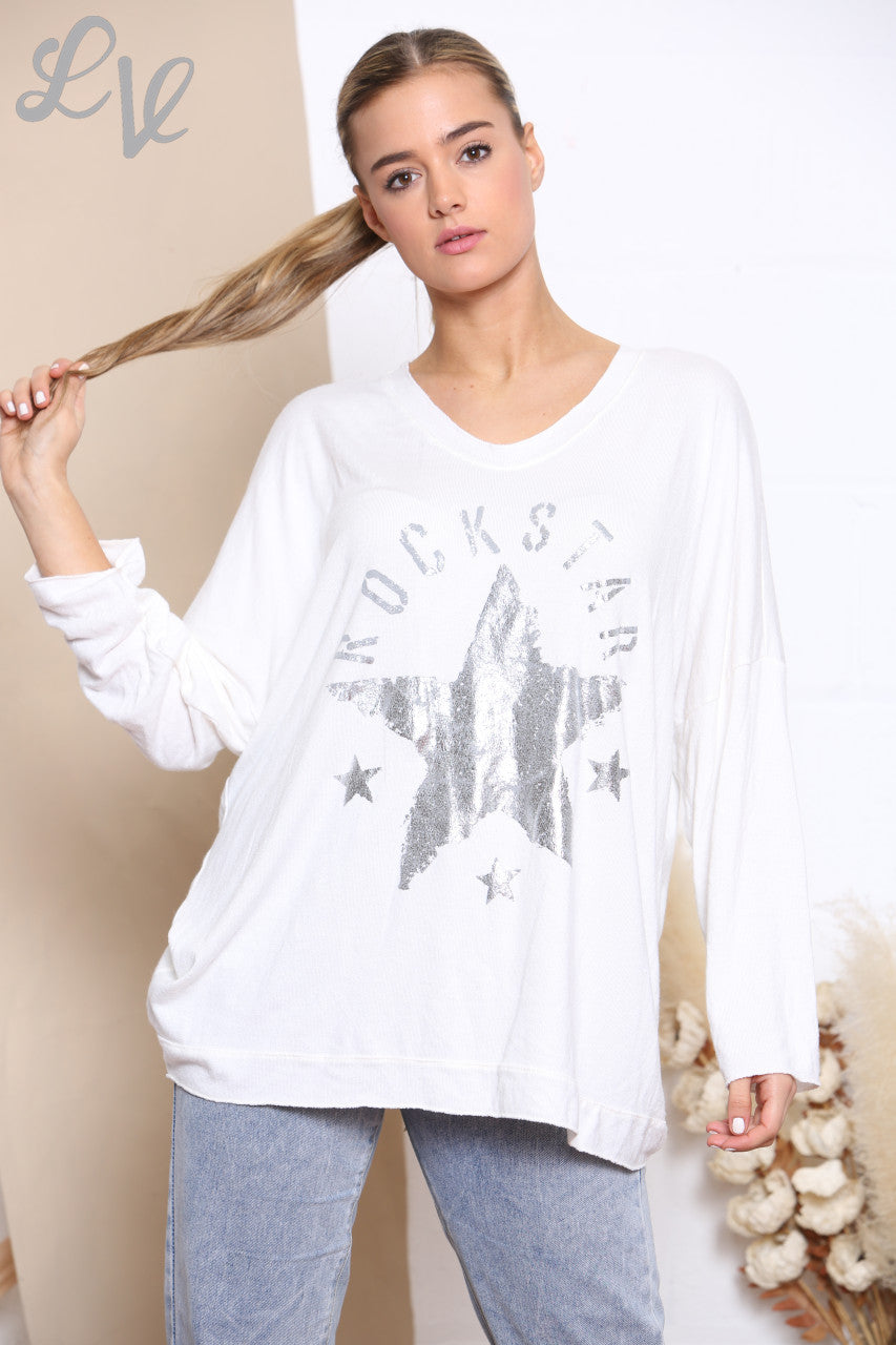 Ladies Rockstar Graphic Fine Knit Jumper Top White