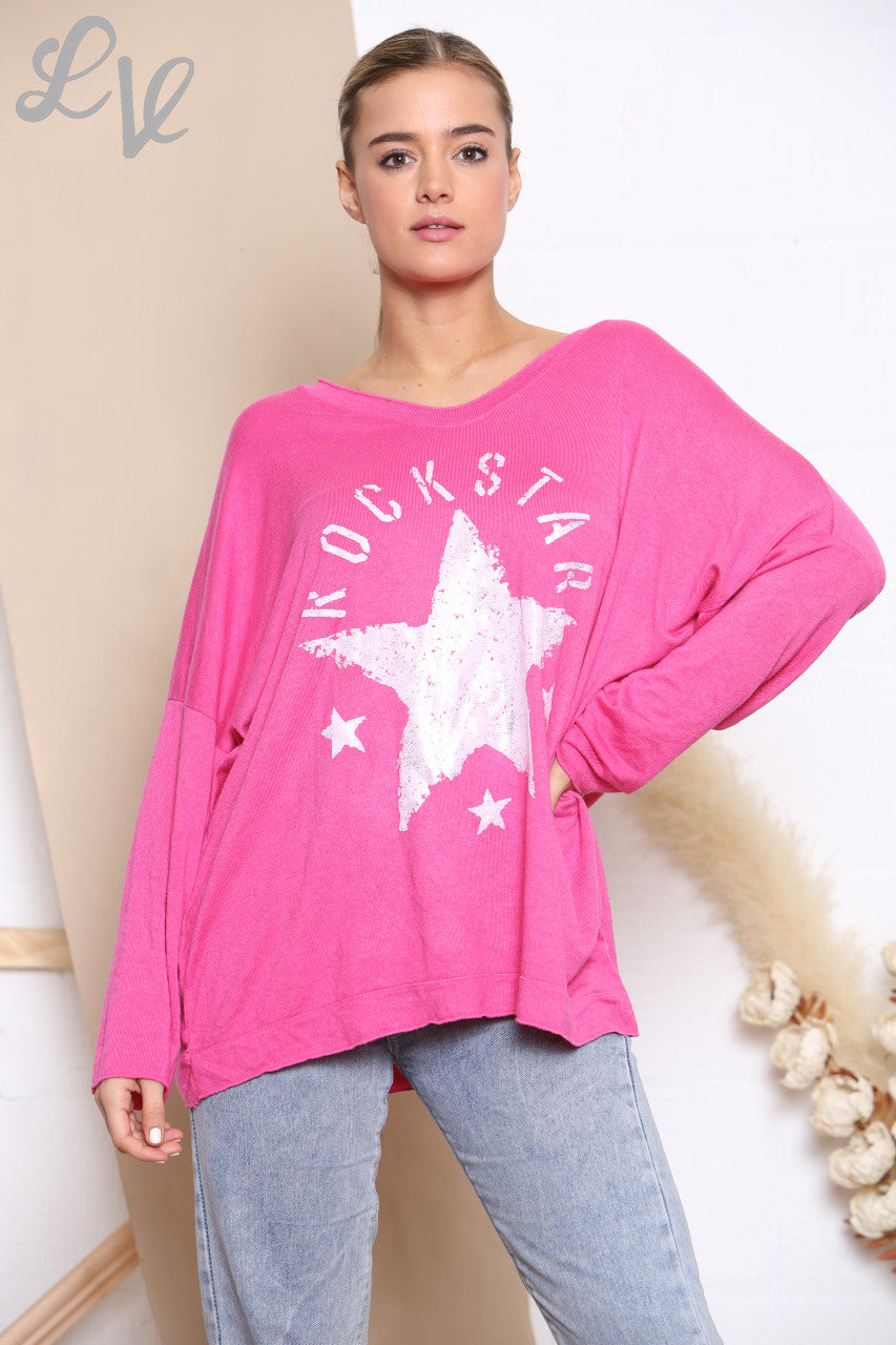 Dames Rockstar Grafische Fijne Gebreide Trui Cerise