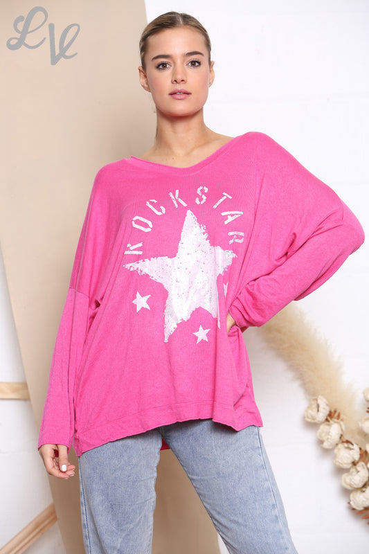 Dames Rockstar Grafische Fijne Gebreide Trui Cerise