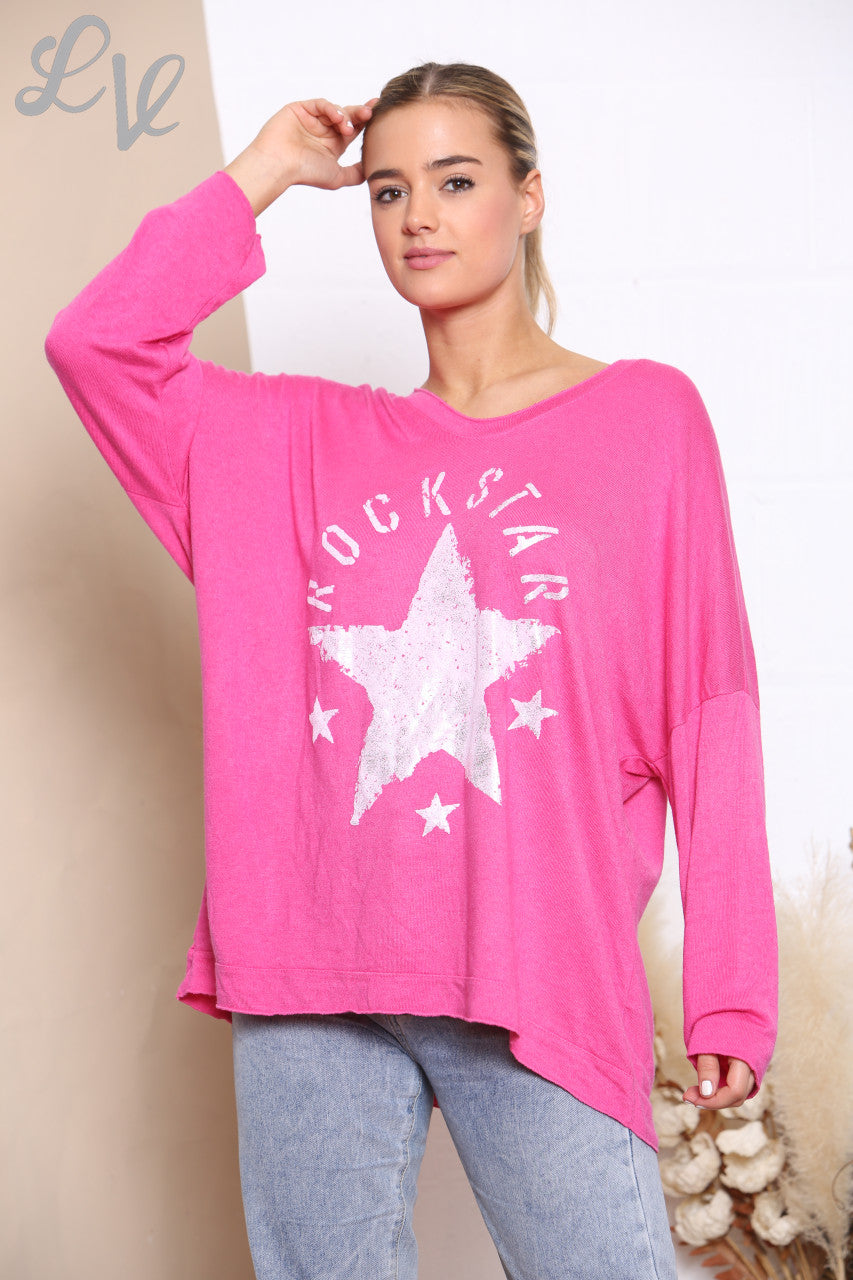 Dames Rockstar Grafische Fijne Gebreide Trui Cerise