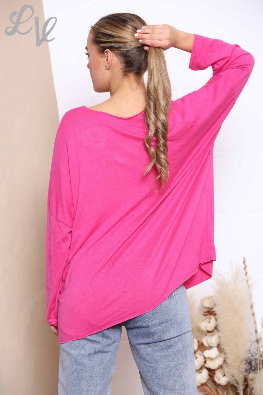 Ladies Sequin Star Shoulder Fine Knit Jumper Top Cerise