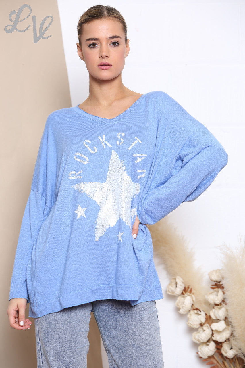 Ladies Rockstar Graphic Fine Knit Jumper Top Denim