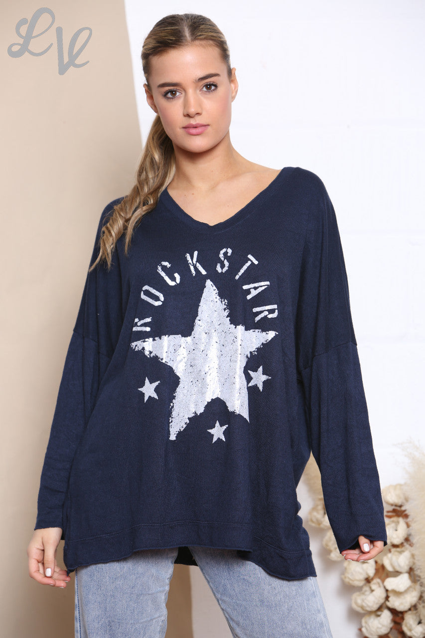Ladies Rockstar Graphic Fine Knit Jumper Top Navy