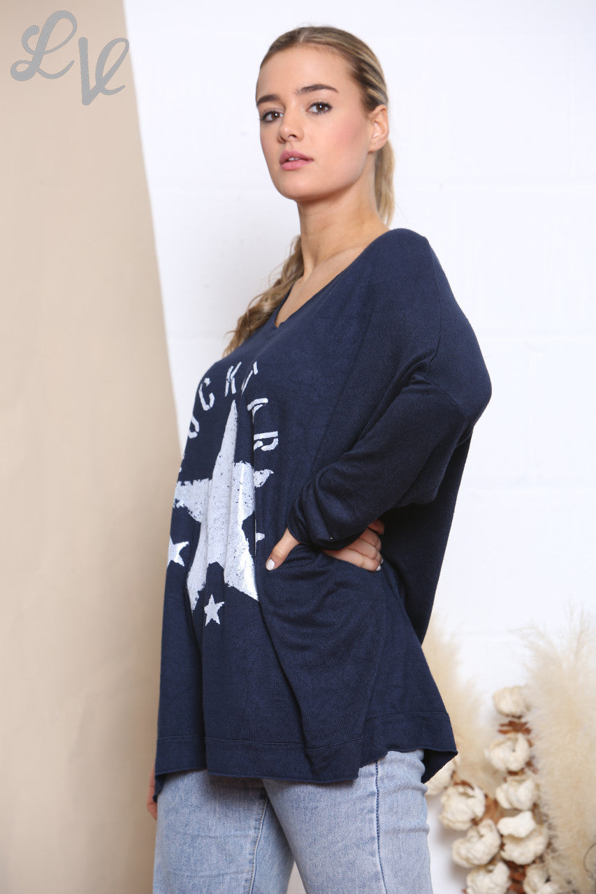 Ladies Rockstar Graphic Fine Knit Jumper Top Navy