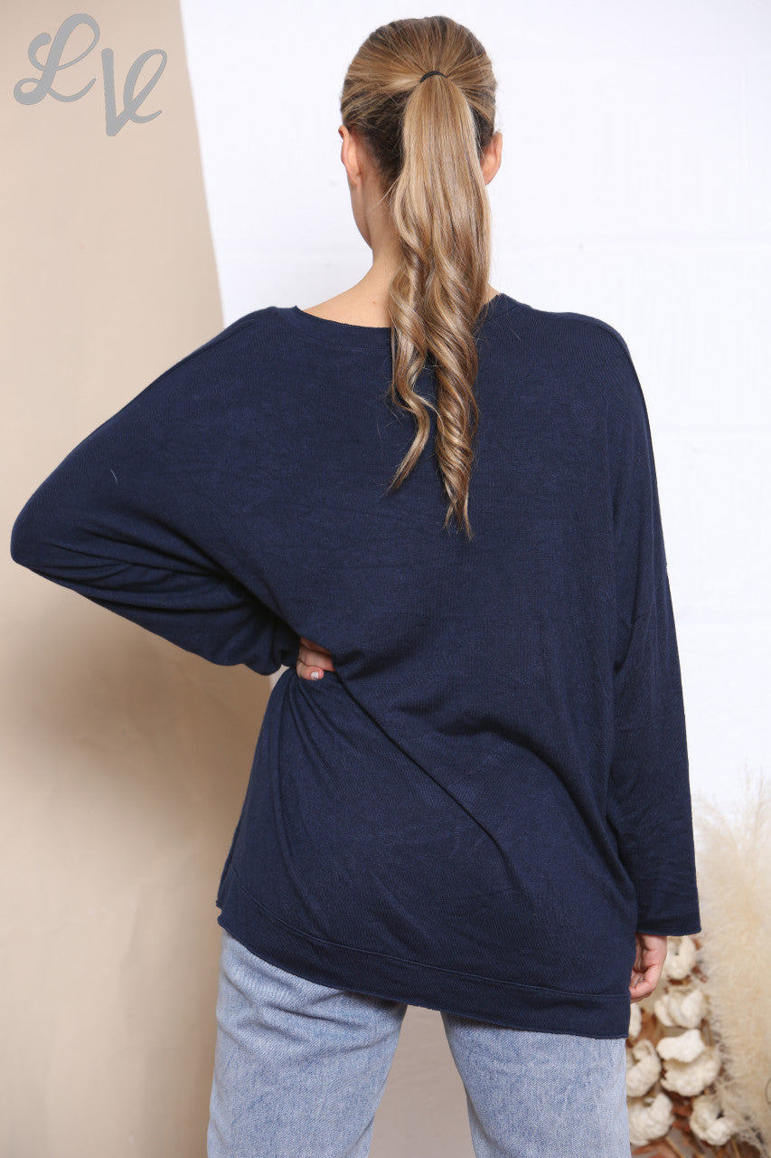 Ladies Rockstar Graphic Fine Knit Jumper Top Navy