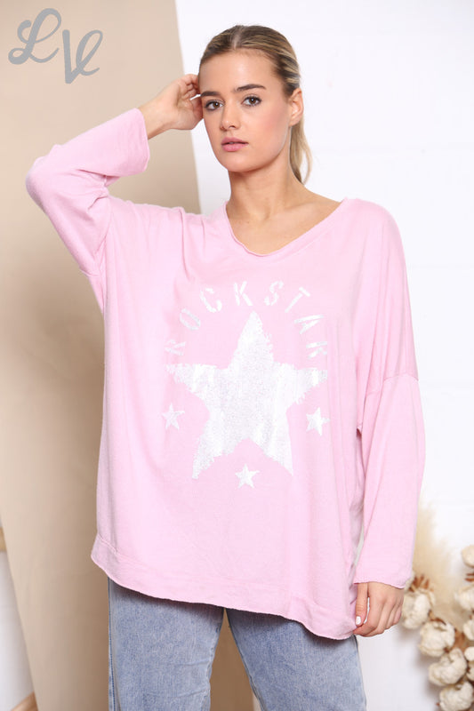 Dames Rockstar Graphic Fijne Gebreide Trui Top Dusty Roze