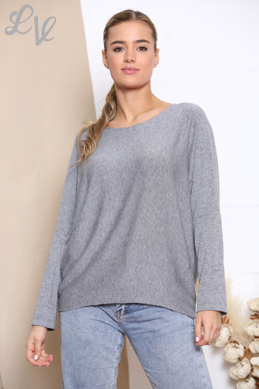 Ladies Plain Fine Knit Jumper Top Silver Grey