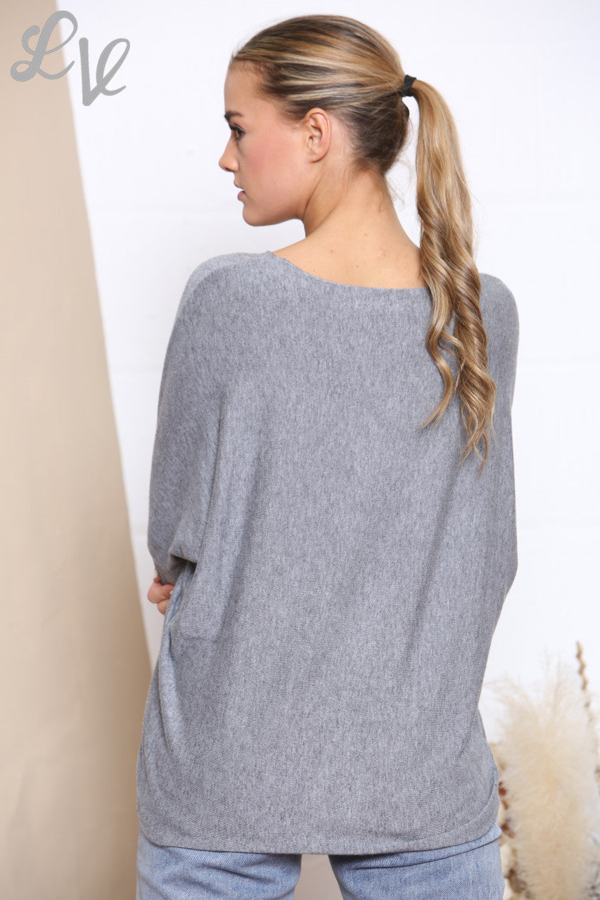 Ladies Plain Fine Knit Jumper Top Silver Grey