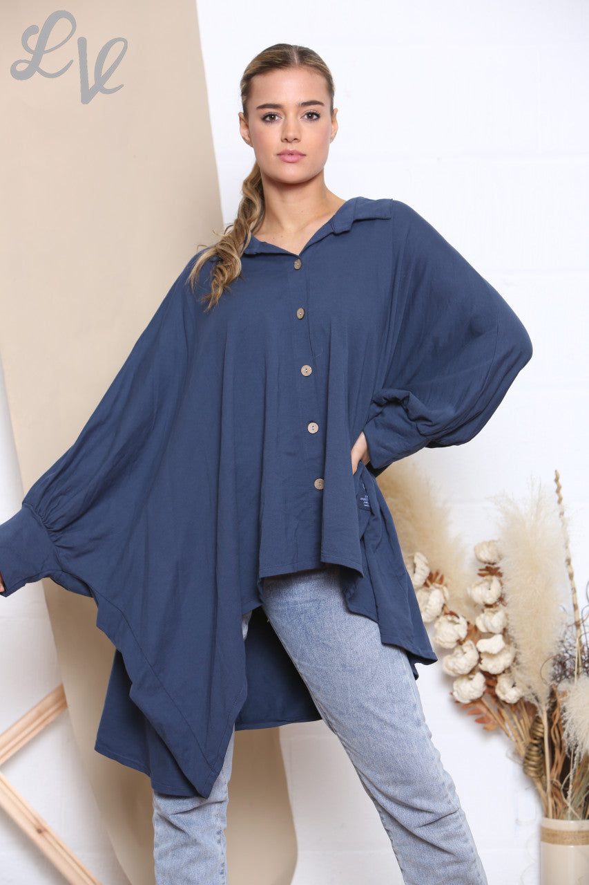 Ladies Draped Shirt Style Sweatshirt Top Navy