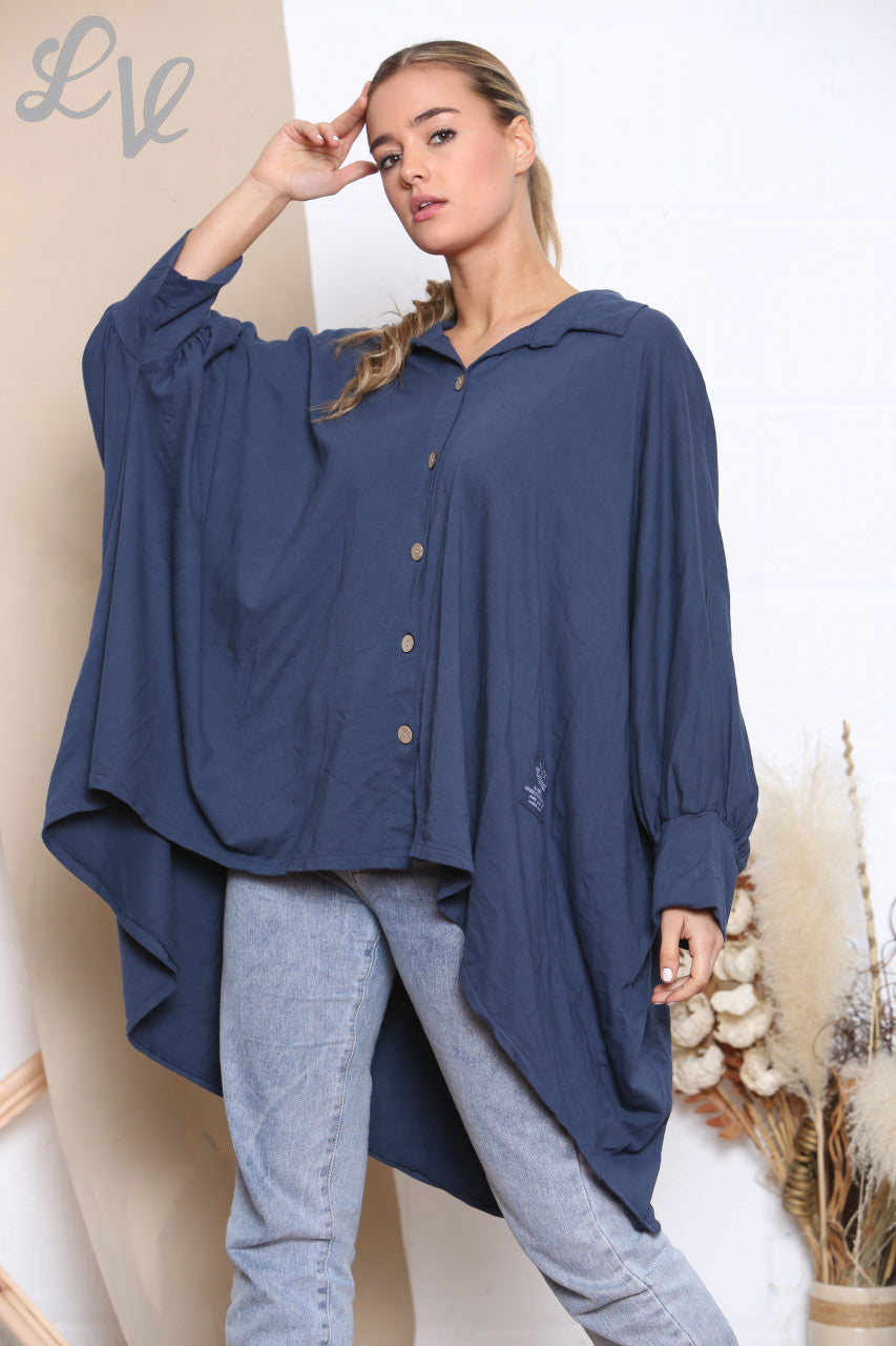 Ladies Draped Shirt Style Sweatshirt Top Navy