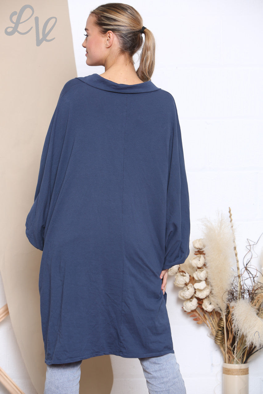 Ladies Draped Shirt Style Sweatshirt Top Navy