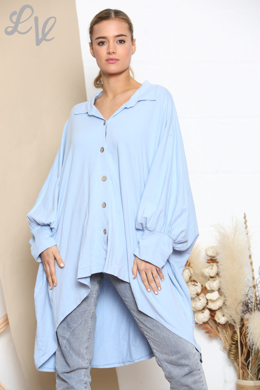 Ladies Draped Shirt Style Sweatshirt Top Sky Blue