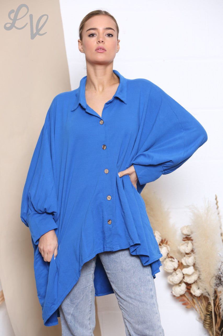 Ladies Draped Shirt Style Sweatshirt Top Royal Blue