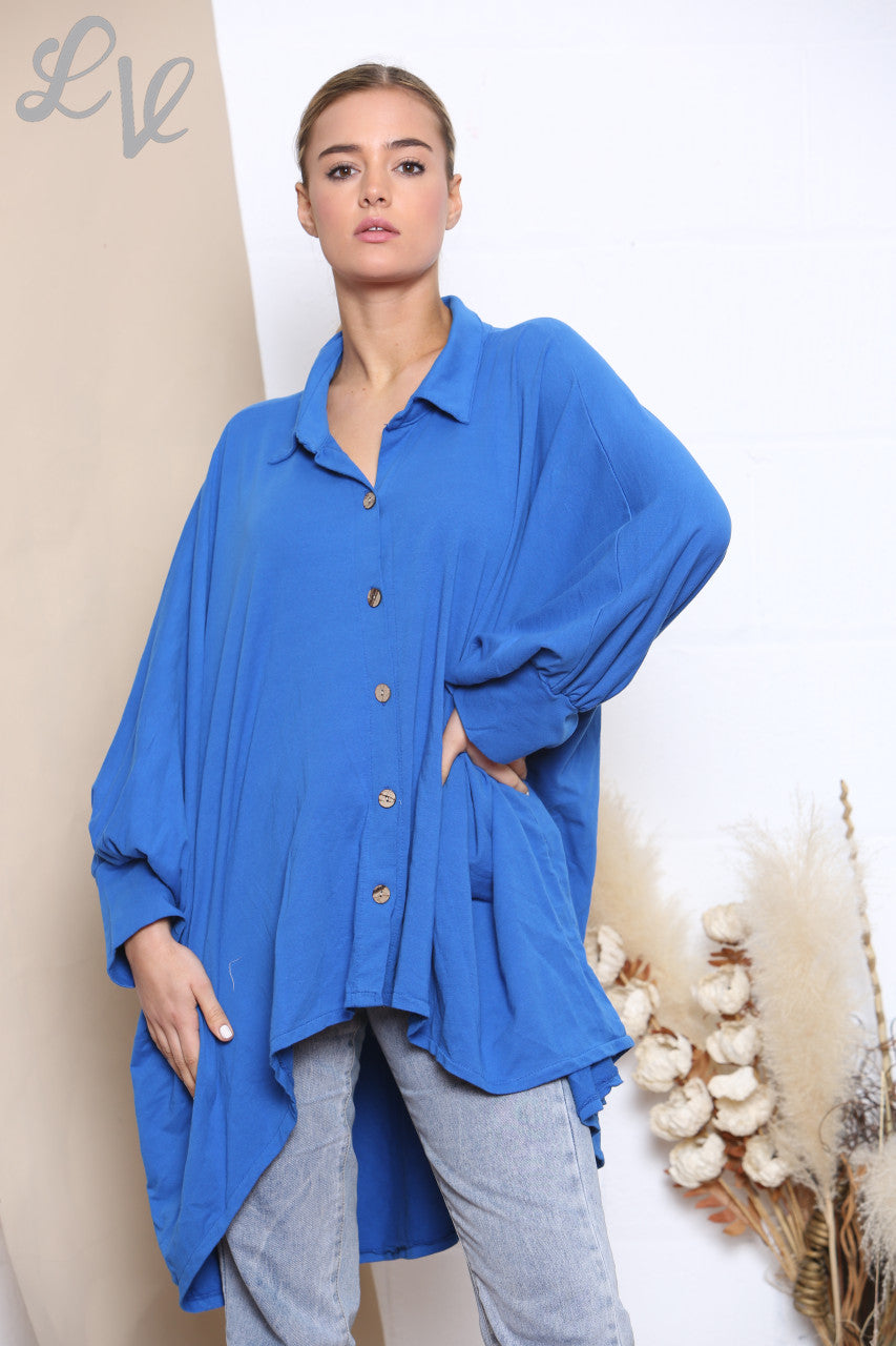 Ladies Draped Shirt Style Sweatshirt Top Royal Blue
