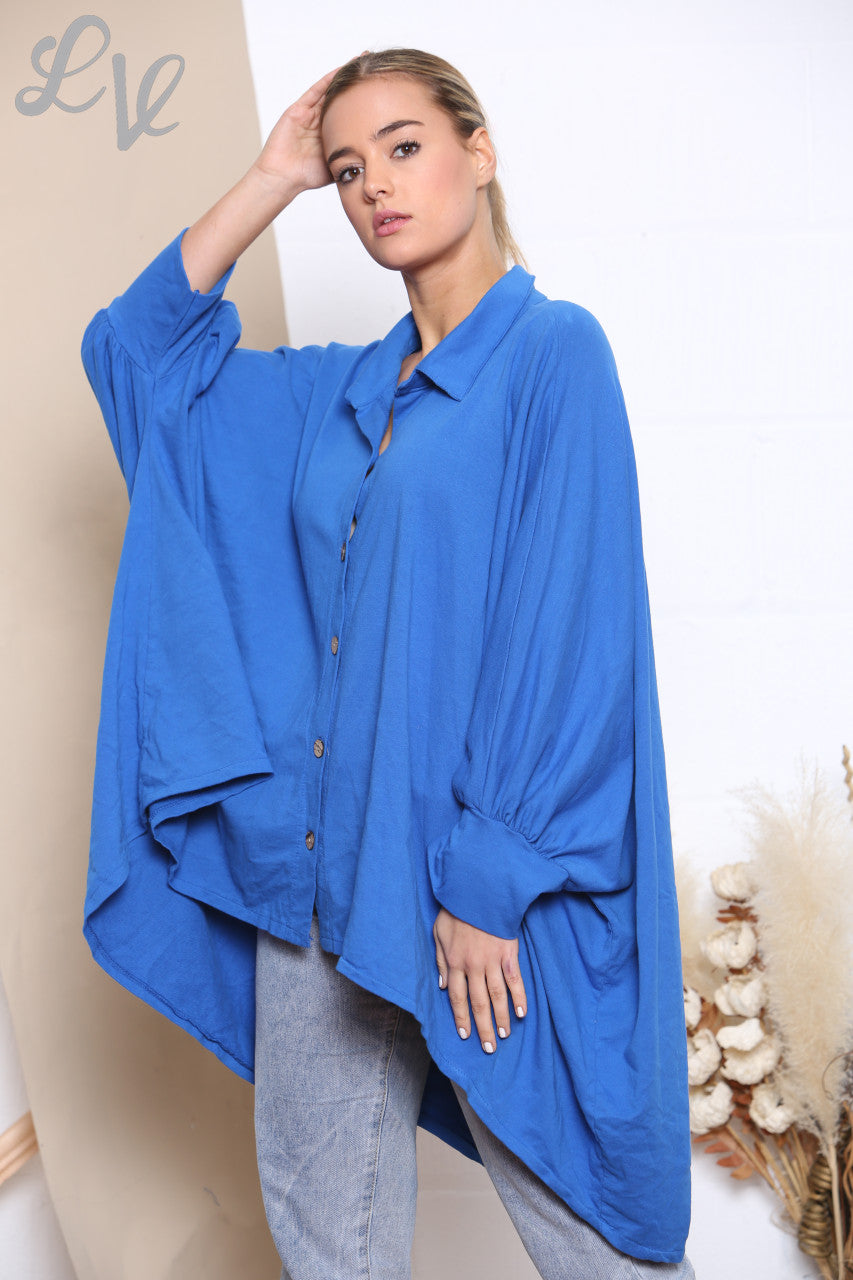 Ladies Draped Shirt Style Sweatshirt Top Royal Blue