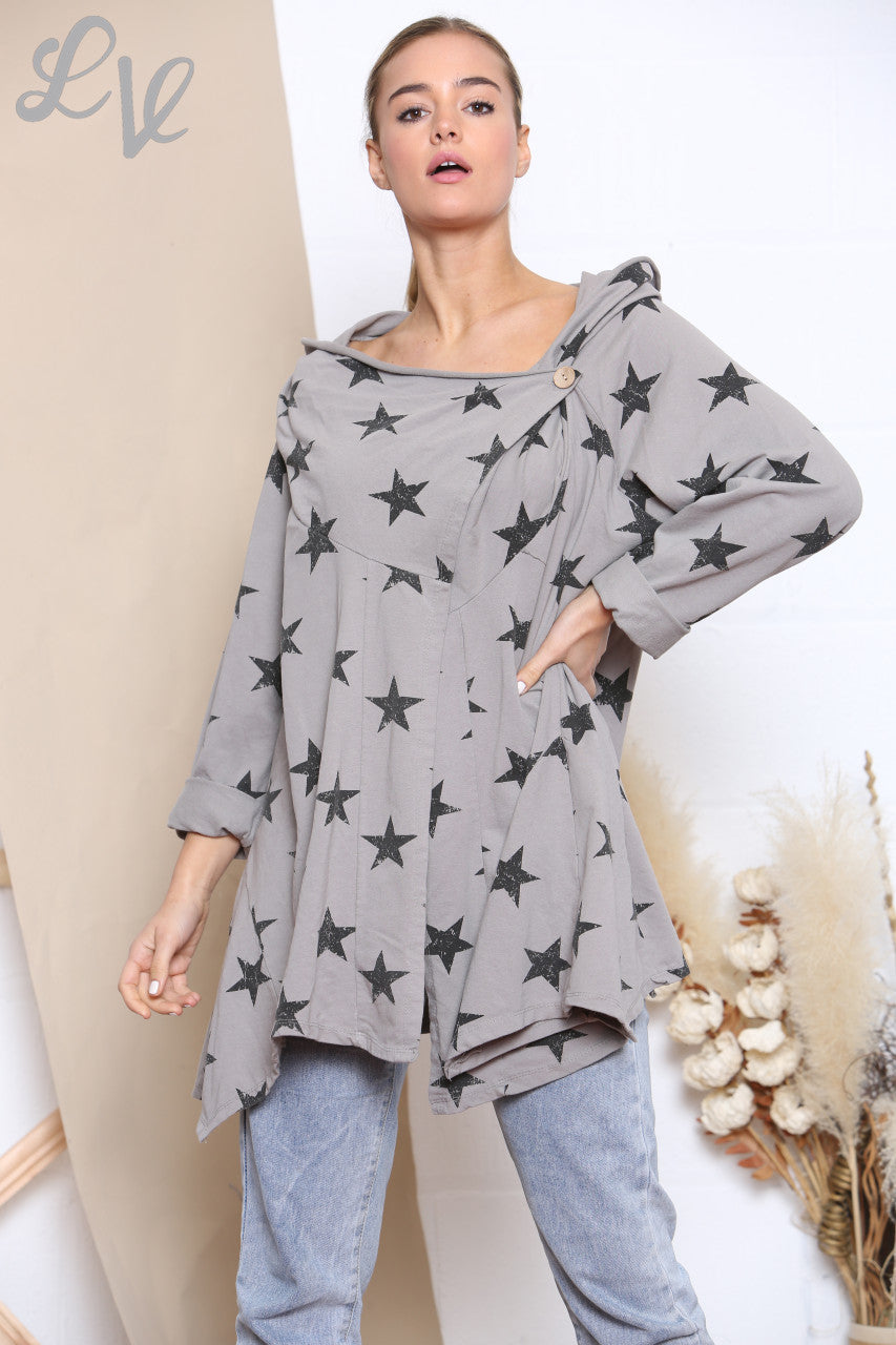 Ladies Star Print Wrap & Button Front Jacket Top Taupe
