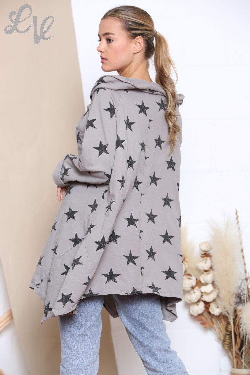 Ladies Star Print Wrap & Button Front Jacket Top Taupe