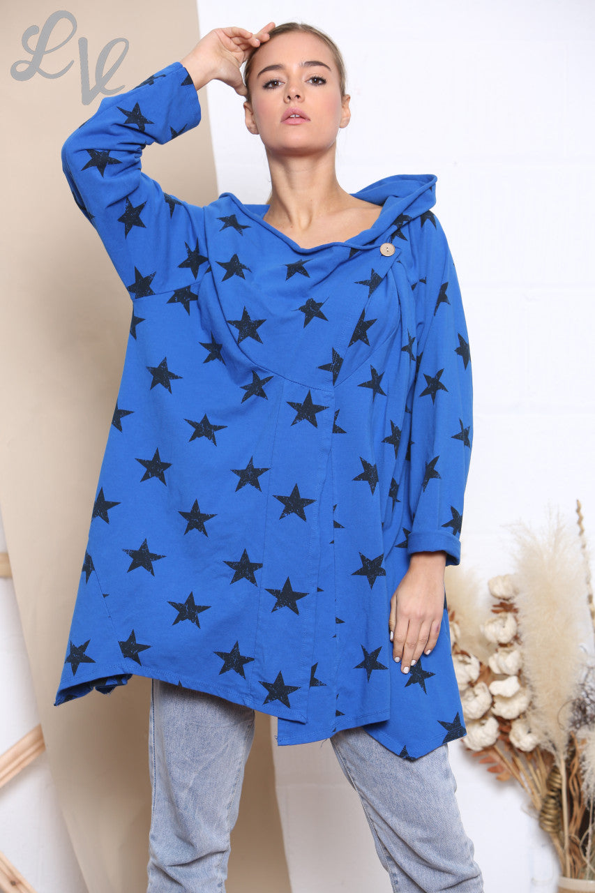Ladies Star Print Wrap & Button Front Jacket Top Royal Blue