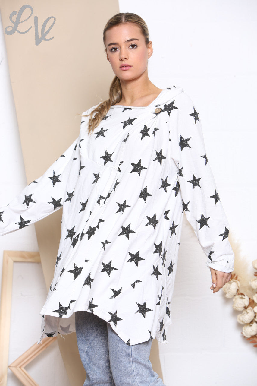 Dames Top met sterrenprint, overslag en knoopsluiting - wit