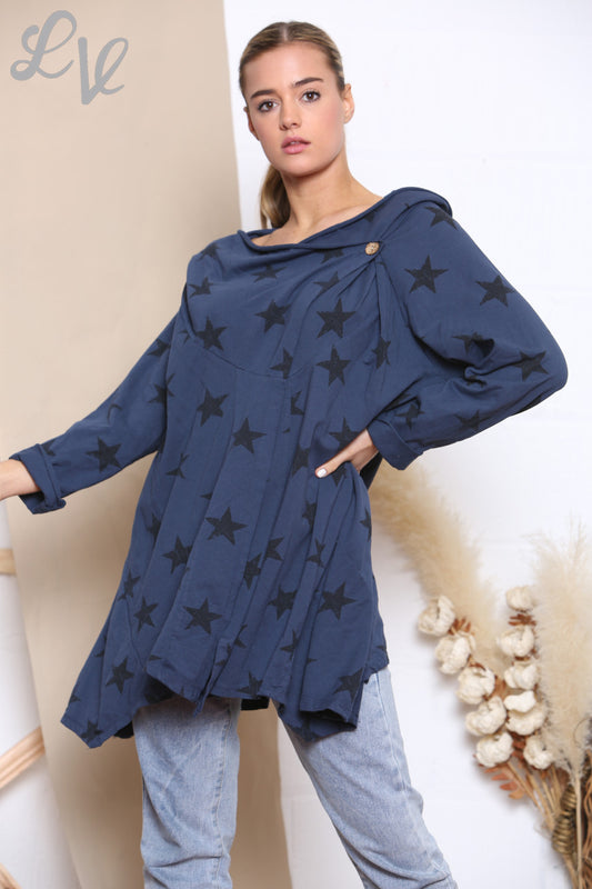 Dames Sterrenprint Wikkel & Knopen Jasje Top Navy