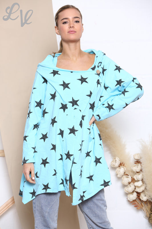 Dames Sterrenprint Wikkel & Knoopsluiting Jasje Top Turkoois