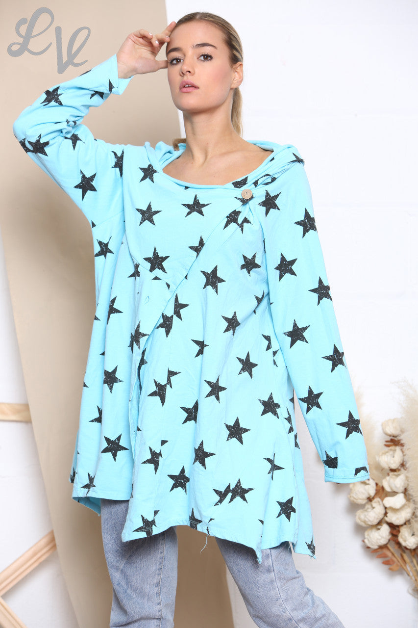 Ladies Star Print Wrap & Button Front Jacket Top Turquoise