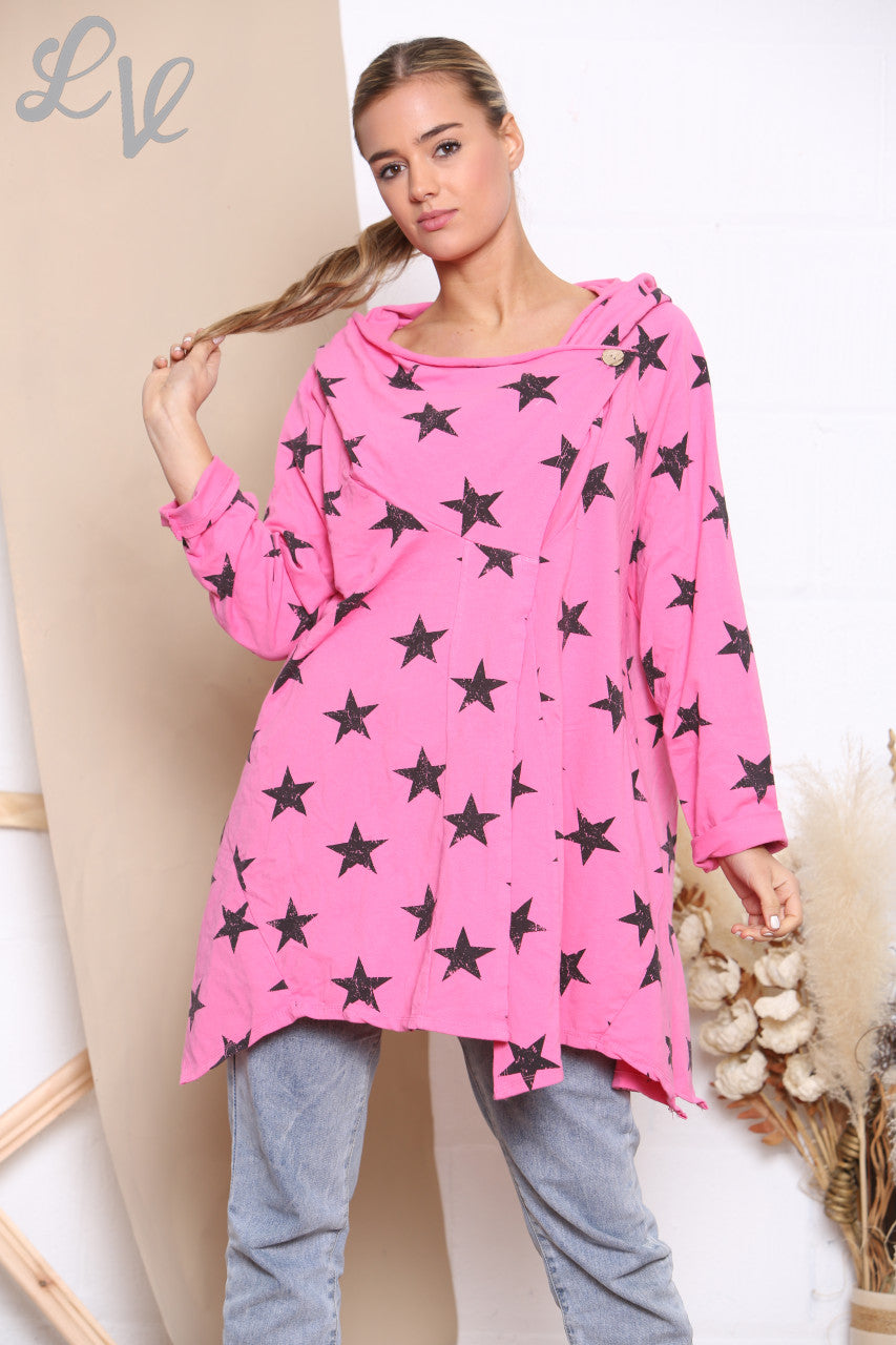 Dames Jasje Met Sterrenprint, Overslag En Knoopsluiting Cerise