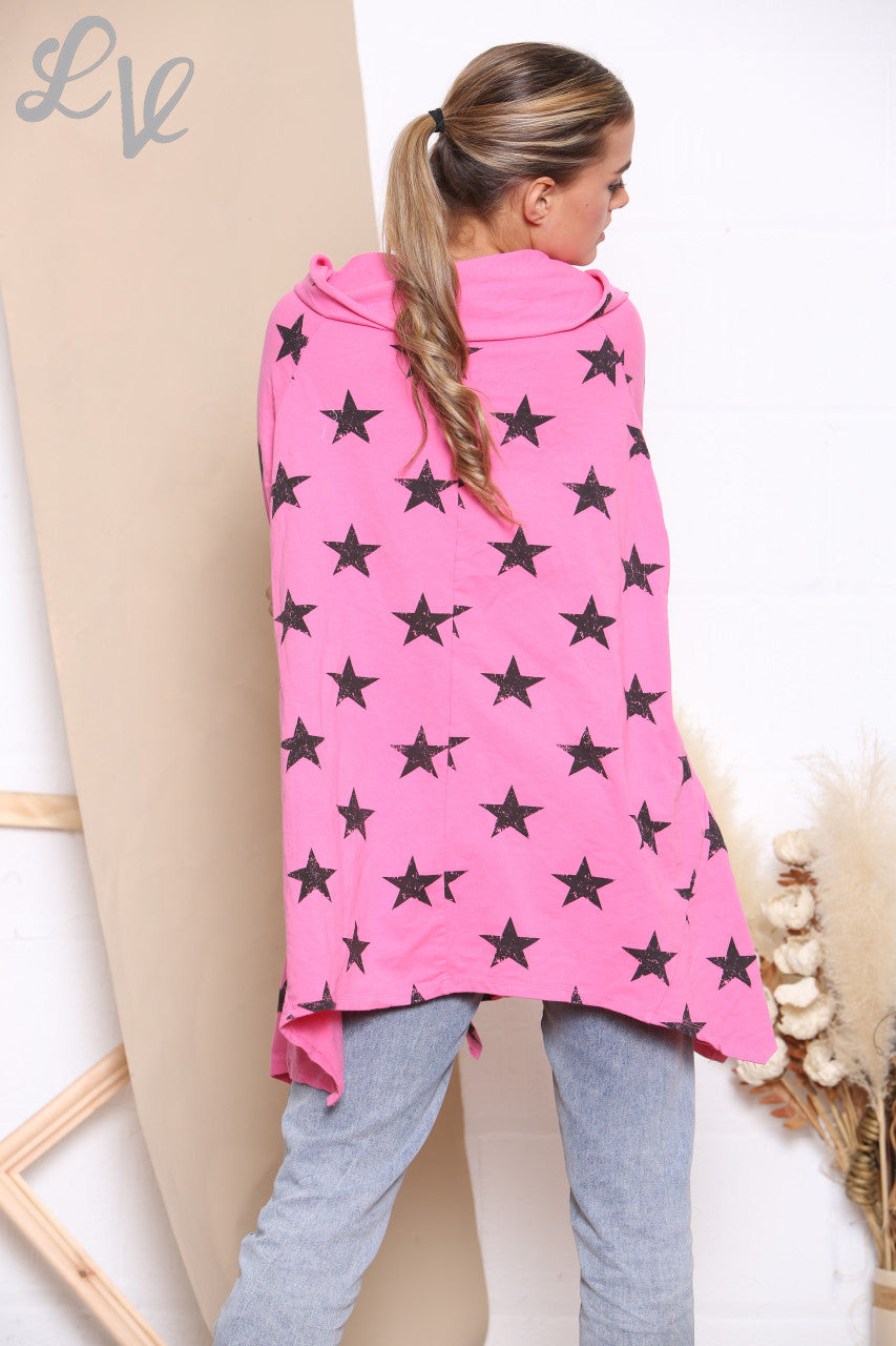 Dames Jasje Met Sterrenprint, Overslag En Knoopsluiting Cerise