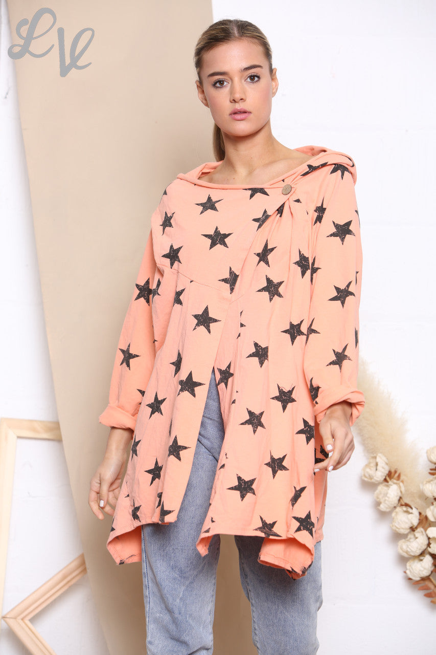 Ladies Star Print Wrap & Button Front Jacket Top Coral