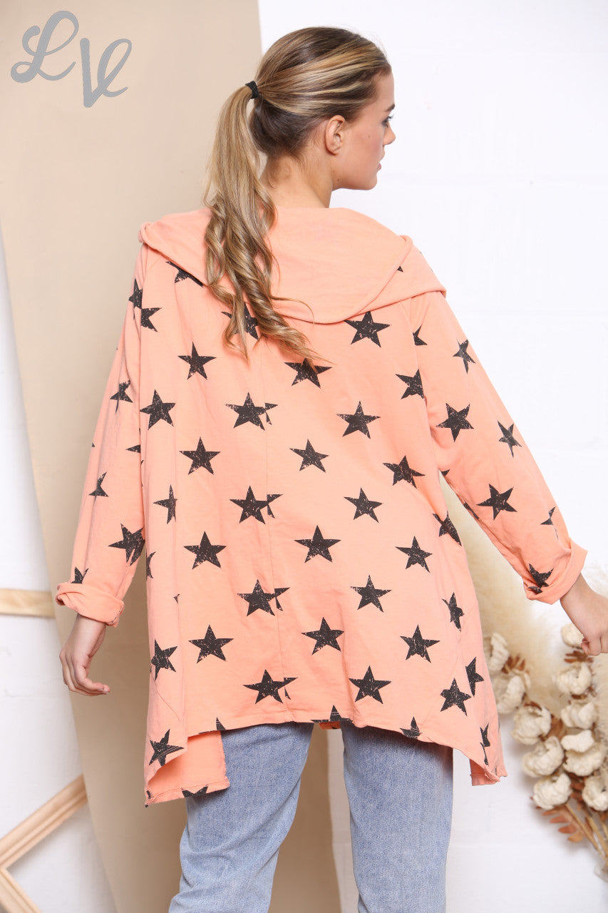 Ladies Star Print Wrap & Button Front Jacket Top Coral