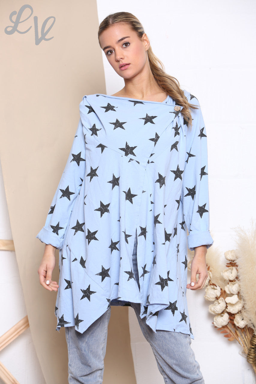 Ladies Star Print Wrap & Button Front Jacket Top Sky Blue