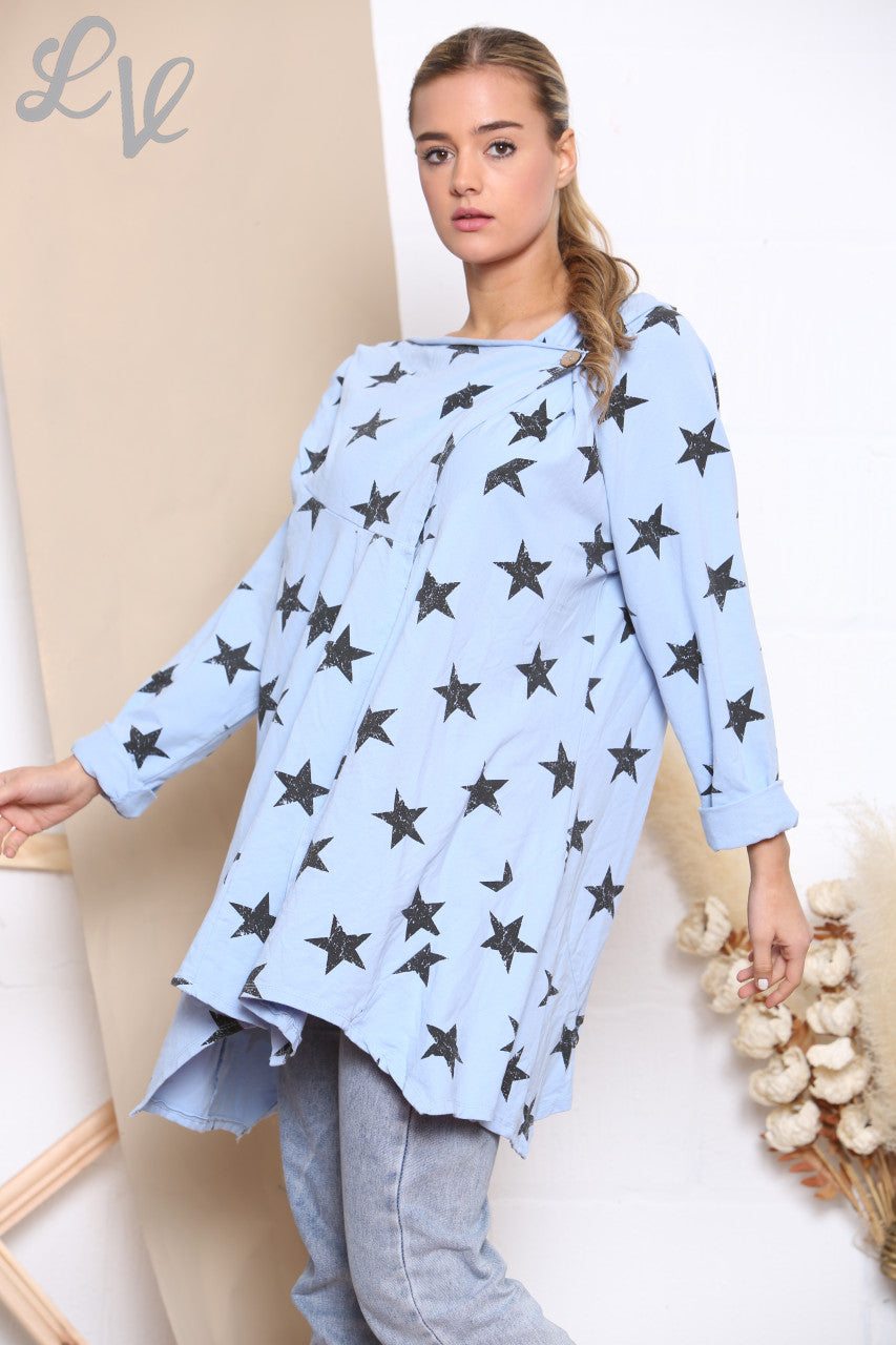 Ladies Star Print Wrap & Button Front Jacket Top Sky Blue