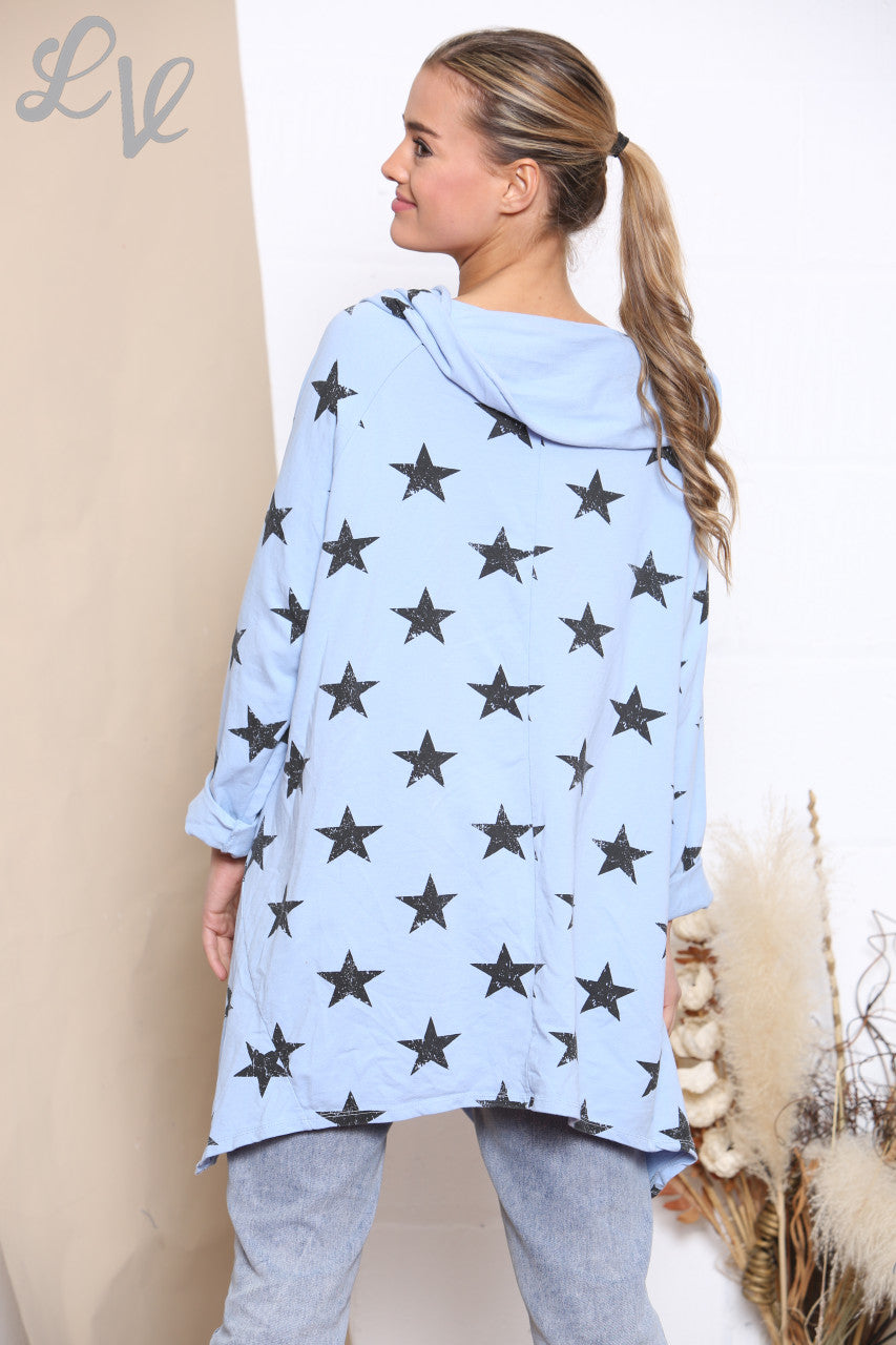 Ladies Star Print Wrap & Button Front Jacket Top Sky Blue