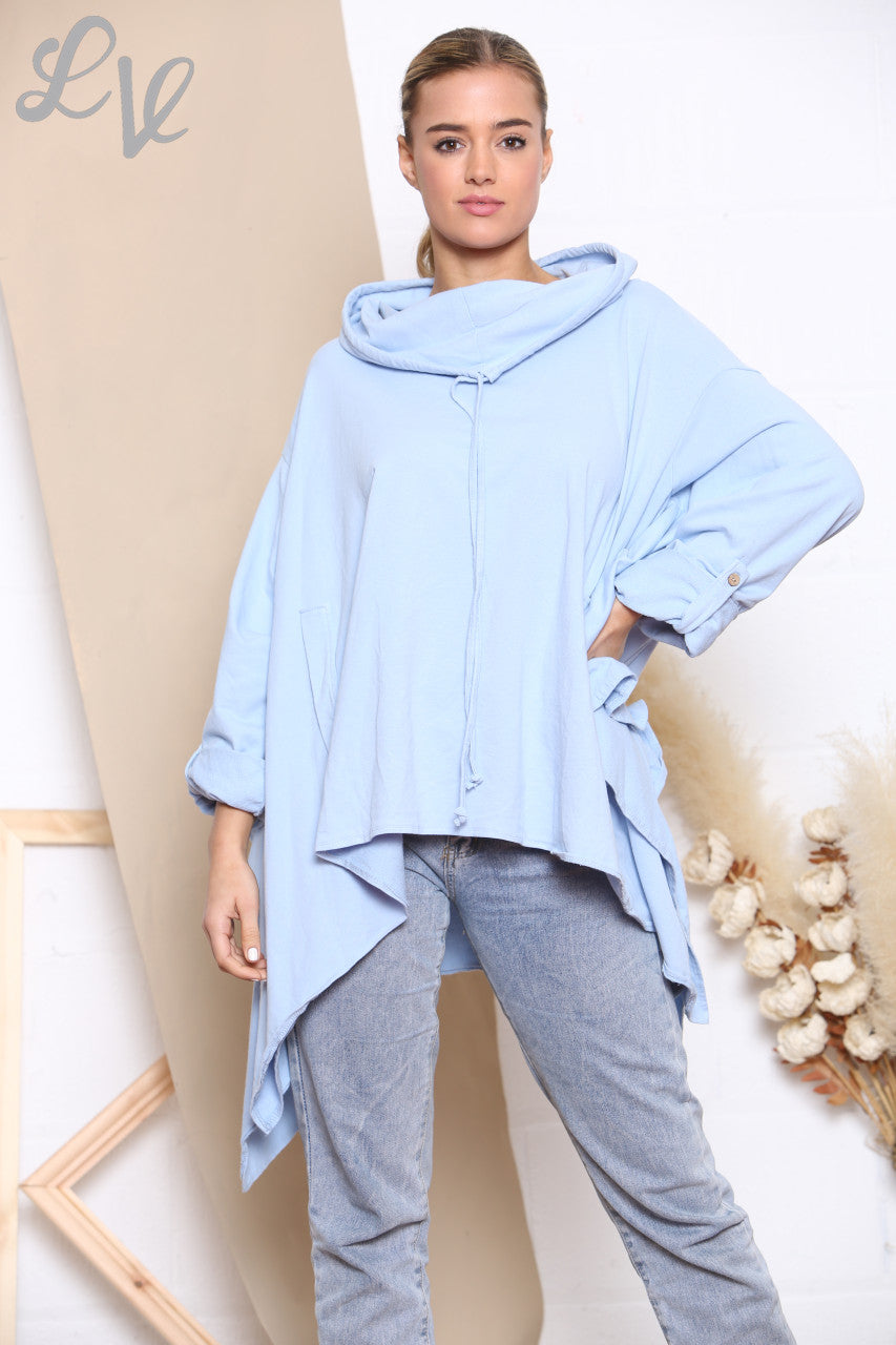 Ladies Draped Cowl Neck Sweatshirt Top Sky Blue