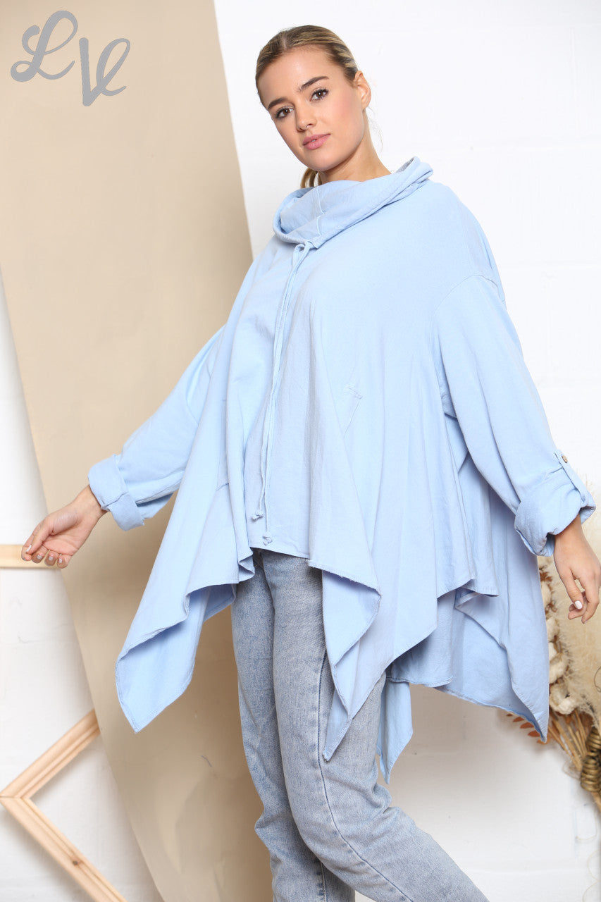 Ladies Draped Cowl Neck Sweatshirt Top Sky Blue