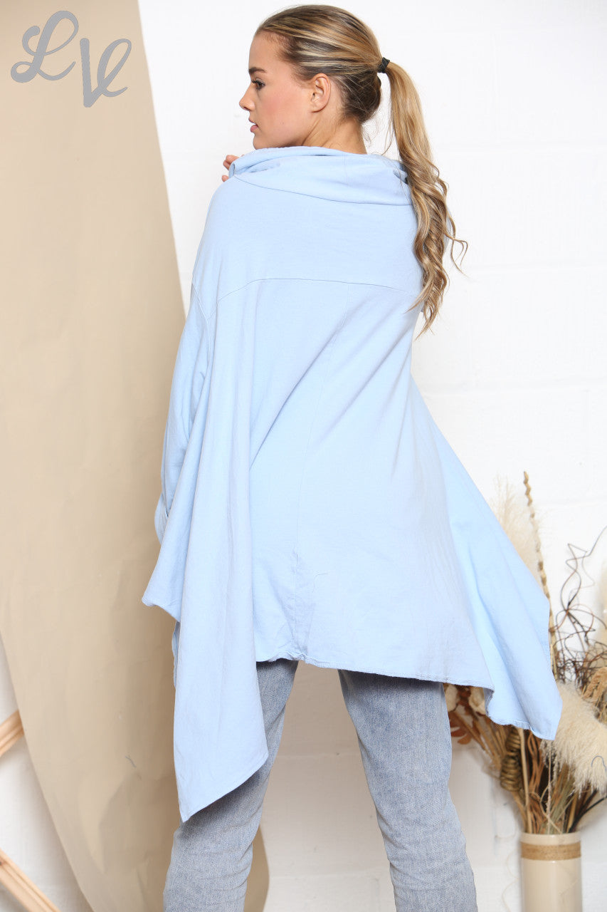 Ladies Draped Cowl Neck Sweatshirt Top Sky Blue