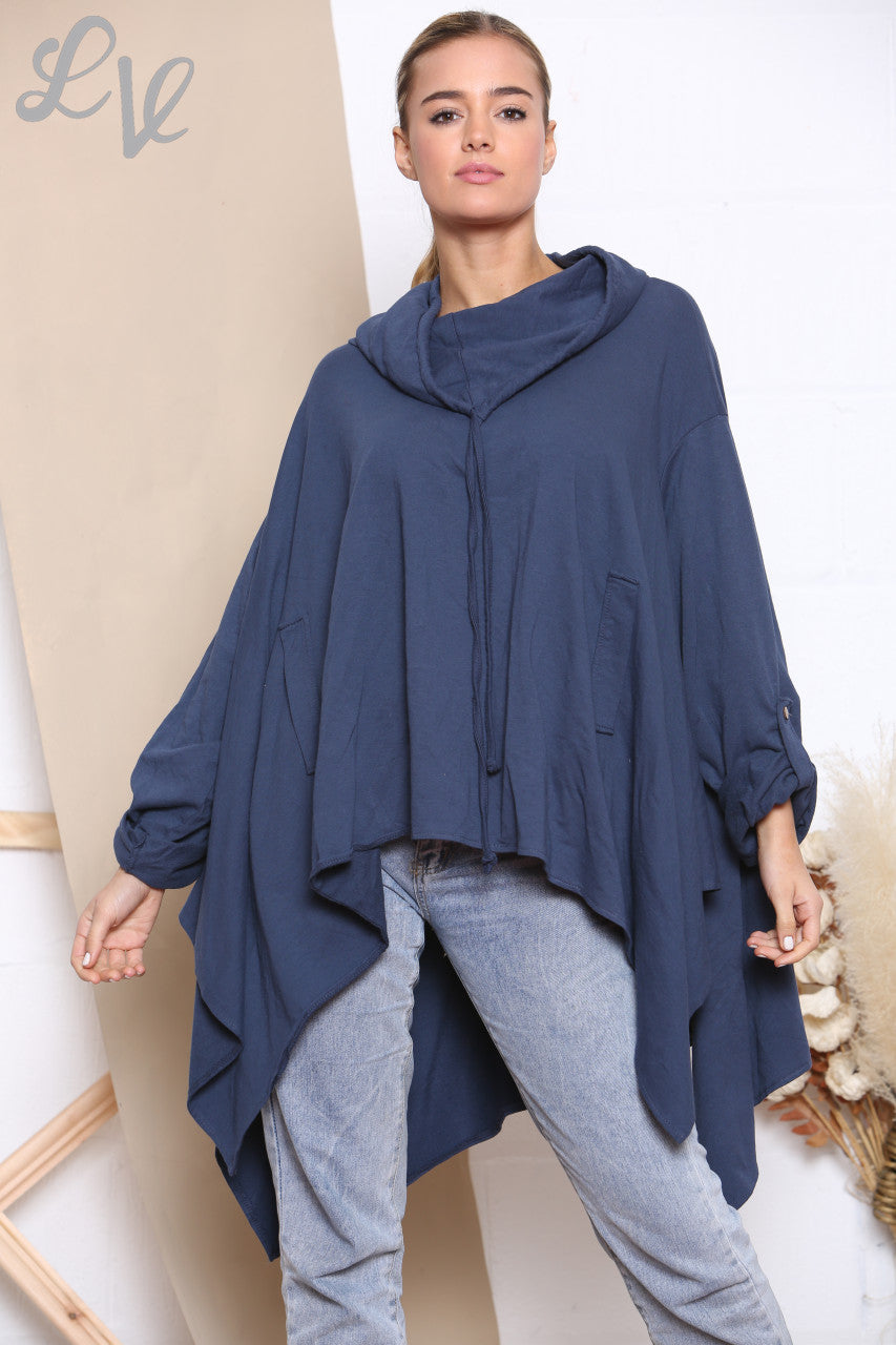 Ladies Draped Cowl Neck Sweatshirt Top Navy