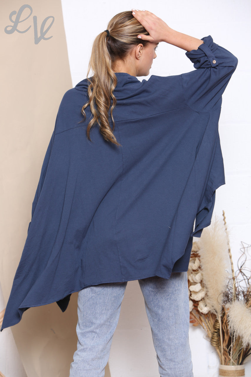 Ladies Draped Cowl Neck Sweatshirt Top Navy