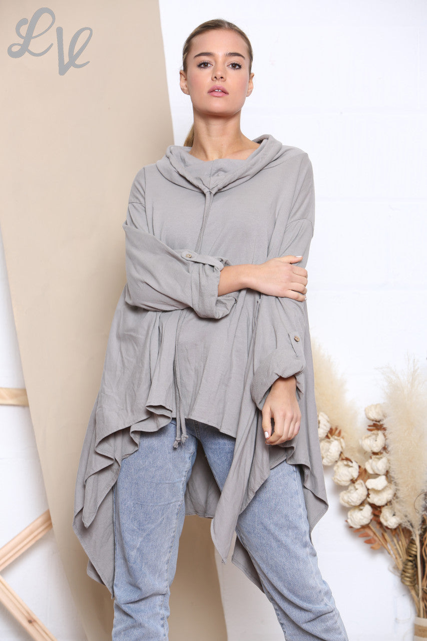 Ladies Draped Cowl Neck Sweatshirt Top Taupe