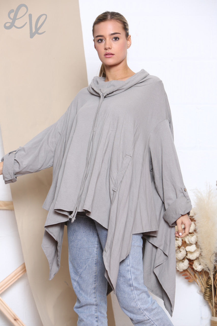 Ladies Draped Cowl Neck Sweatshirt Top Taupe