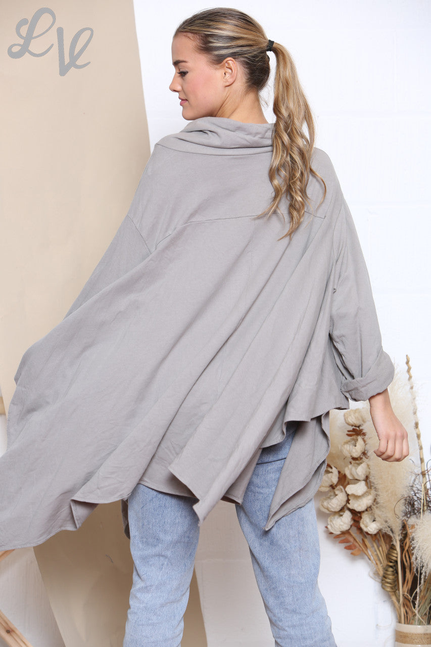 Ladies Draped Cowl Neck Sweatshirt Top Taupe